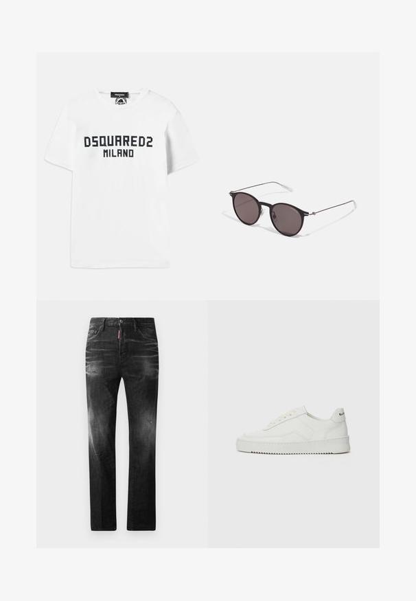 Dsquared2 COOL FIT TEE - T-Shirt print - white/dark navy; Schwarze Jeans aus Denim mit geradem Schnitt. Verfügt über ausgebleichte Bereiche, leichte Abnutzung, klassisches Fünf-Taschen-Design und einen Knopfverschluss.; Weiße Ledersneaker mit glatter Oberfläche, runder Zehenpartie, flachen Schnürsenkeln und strukturiertem Sohlenprofil. Mit einem dezenten Logo an der Ferse.; Schwarze runde Sonnenbrille mit dunklen Gläsern und schlanken Metallbügeln. Enthält klare Tempelspitzen und silberne Akzente am Scharnier. Minimalistisches Design.