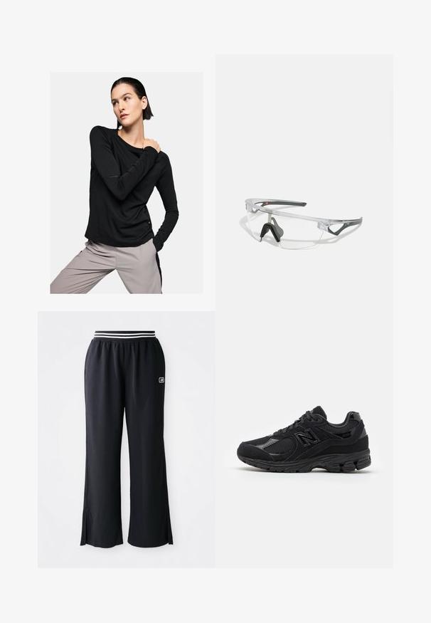 Long-sleeve black shirt in soft fabric, featuring a rounded neckline and fitted silhouette, paired with light gray pants.; Black athletic pants with a wide leg design, elastic waistband featuring black and white stripes, and side slits at the hem.; Black athletic shoes featuring a mix of smooth and textured materials, rounded toe, padded collar, and prominent logo on the side.; Clear safety glasses with a lightweight, transparent frame and gray accents. Features a wraparound design and adjustable nosepiece.