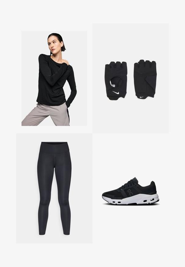 Dugih rukava crna majica od mekog materijala, s okruglim izrezom i prilagođenim krojem, u kombinaciji sa svijetlosivim hlačama.; Crne tajice izrađene od glatkog, rastezljivog materijala. Visok struk bez vidljivih uzoraka ili akcenta. Tjesno pristaju od struka do gležnjeva.; Crne atletske tenisice s prozračnom mrežastom gornjom stranicom, gumiranim potplatom i bijelim akcentima. Posjeduju podstavljeni, potporni dizajn s vidljivim ventilacijskim rupama.; Crne rukavice bez prstiju od rastezljivog materijala, s otvorenim dlanom, naglasima za grip i bijelim Nike logom.