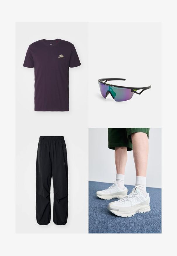 Fialové bavlněné tričko s kulatým výstřihem, krátkými rukávy a zlatým logem s křídly na levé horní straně. Měkká textura, ležérní design.; Černé lehké cargo kalhoty s elastickým pasem, bočními zipy a prostornými kapsami. Mají volný střih a zúžené manžety.; Bílé sportovní boty s texturovanými překryvy, masivní podrážkou a šedými akcenty. Na nohou mají bílé ponožky a zelené šortky na modrém povrchu.; Sportovní sluneční brýle s černým rámem, velkým gradientním sklem s fialovými a zelenými odstíny a hranatými designovými akcenty s detailem loga.
