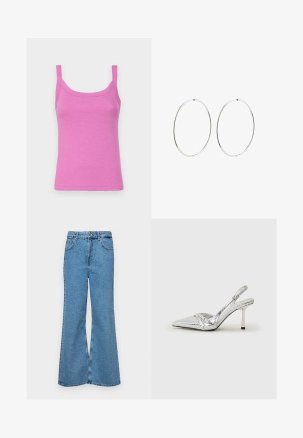 GAP MOD RIB - Viršus - budding lilac; Šviesiai mėlynos flared džinsai, pagaminti iš džinsinio audinio, su aukštu liemeniu, penkiomis kišenėmis ir vienu mygtuko užsegimu. Minkštas paviršius su išblukusiu efektu.; Sidabriniai slingback aukštakulniai batai su smailia pavadinimu, metaliniu paviršiumi, dviem dekoratyvinėmis juostelėmis ir lieknu kulnu su juodu galiuku.; Sidabriniai auskarai-žiedai su lygiu, apvaliu dizainu ir blizgiu paviršiumi. Jie yra ploni ir lengvi, turintys paprastą užsegimą.