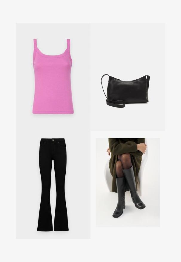 GAP MOD RIB - Top - budding lilac; Black high-waist jeans with a button and zip closure, front pockets, and flared legs laid flat on a white background.; Knee-high black leather boots with a squared toe and block heel, shown with a model seated in an olive green coat. Smooth texture, minimal detailing.; Black leather shoulder bag with a smooth texture, curved shape, adjustable strap, and a zip closure. Minimalist design without embellishments.