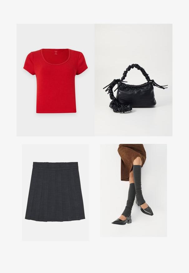 T-shirt rosso a maniche corte realizzato in tessuto morbido, con scollo rotondo a barca e una forma aderente con bordi puliti.; Gonna a pieghe grigio scuro con vita elastica, caratterizzata da un tessuto testurizzato e da una classica silhouette a trapezio. Adatta per un abbigliamento casual.; Scarpe nere in pelle verniciata con punta affilata, tacco a blocco e cinturino alla caviglia, abbinate a scaldamuscoli grigi a coste e una gonna in suede marrone.; Borsa a tracolla in ecopelle nera con texture a coccodrillo, apertura cinchata e tracolla arricciata. Si presenta con un design morbido e compatto.
