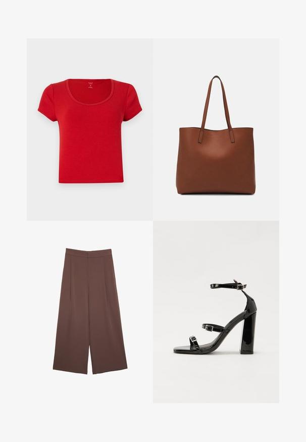Rotes T-Shirt mit kurzen Ärmeln aus weichem Stoff, mit einem runden Ausschnitt und einer taillierten Form mit sauberen Kanten.; Braune Weite-Leg-Hosen mit einer glatten Textur, hoher Taille und Vorderfalten. Der Stoff ist leicht und fällt locker.; Schwarze patentierte Sandalen mit Absatz, quadratischer Spitze, Knöchelriemen und silbernen Schnallen. Mit einem stabilen Blockabsatz für mehr Stabilität.; Braune Leder-Tote mit glatter Textur, offenem Oberteil und zwei Schulterriemen. Verfügt über minimale Nähte und keine sichtbaren Beschläge.