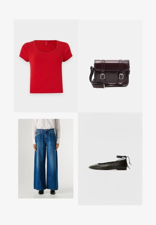 Piros, rövid ujjú póló, puha anyagból készült, kerek kivágással és testhezálló szabással, tiszta élekkel.; Kék, magas derekú, bő szárú farmernadrág, elől zsebekkel és gombos záródással. Simogató textúra, klasszikus mosással.; Fekete bőr balettcipők hegyes orral, bokakötővel és lapos talppal, sima textúrával és minimalista dizájnnal.; Burgundy lakkbőr keresztpántos táska téglalap alakú, két pánttal, ezüst színű szerelvényekkel és fedélzárral.