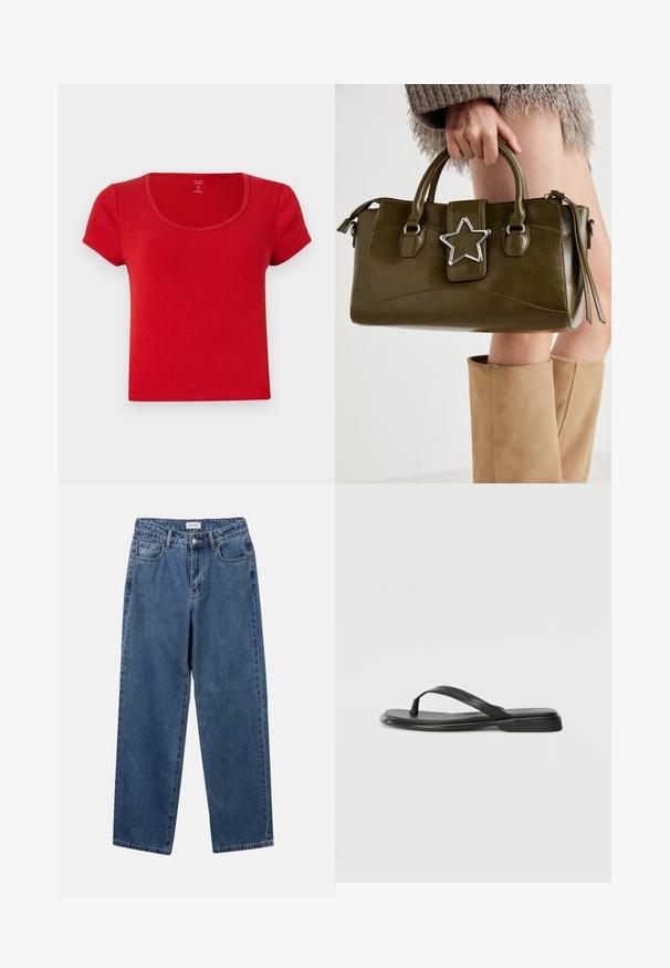 T-shirt vermelho de manga curta feito de tecido suave, com um decote arredondado e um corte ajustado com bordas limpas.; Jeans de denim azul clássicos com um design de perna reta, cinco bolsos e fecho de botão. Apresenta um tratamento médio e uma textura resistente.; Chinelo preto feito de couro liso, com um design de tira fina e sola baixa com um perfil minimalista. Sem padrões ou acentos notáveis.; Bolsa de mão em pele sintética verde oliva com detalhe de estrela prateada, alças duplas e fecho com zip. Superfície texturizada e forma estruturada.