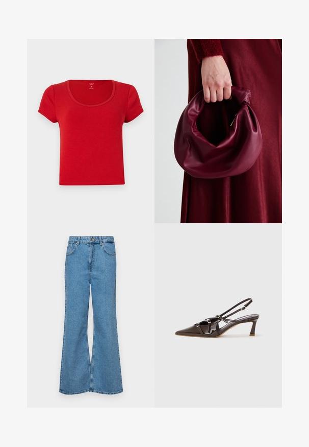 Tricou roșu cu mânecă scurtă, fabricat dintr-un material moale, având un guler rotund și o formă ajustată cu margini curate.; Jeanși evazați de culoare albastru deschis, din denim, cu talie înaltă, cinci buzunare și închidere cu un singur buton. Textură moale cu un finisaj decolorat.; Sandale cu toc slingback din piele lăcuită maro, cu vârf ascuțit, bretele reglabile și catarame decorative în față. Înălțimea tocului de 3 inci.; Geantă de mână din piele burgundă, cu un design moale și pliat și o formă rotundă. Mânerele sunt securizate, evidențiind o textură netedă.