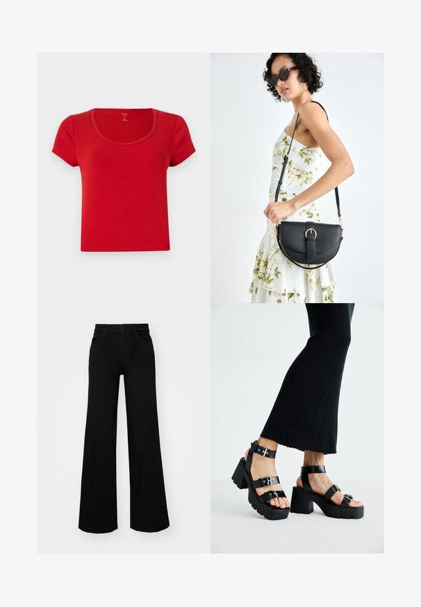 Punainen lyhythihainen T-paita, joka on valmistettu pehmeästä kankaasta ja jossa on pyöreä avara kaula-aukko sekä vartalonmyötäinen muoto puhtain reunoisin.; Musta leveälahkeinen farkkupanta, jossa on rakenteellinen vyötärö, vyölenkit ja etutaskut. Sujuva rakenne klassisella muotoilulla.; Mustat alustossut, joissa on paksut, uritetut pohjat ja useita hihnoja, varustettuna metallisilla soljilla ja sileällä nahkamaisten materiaalien pinnalla.; Musta nahkainen käsilaukku, joka on kaareva muotoilultaan, irrotettavalla hihnalla ja kultaisilla yksityiskohdilla. Laukussa on läppä, jossa on solk yksityiskohta.