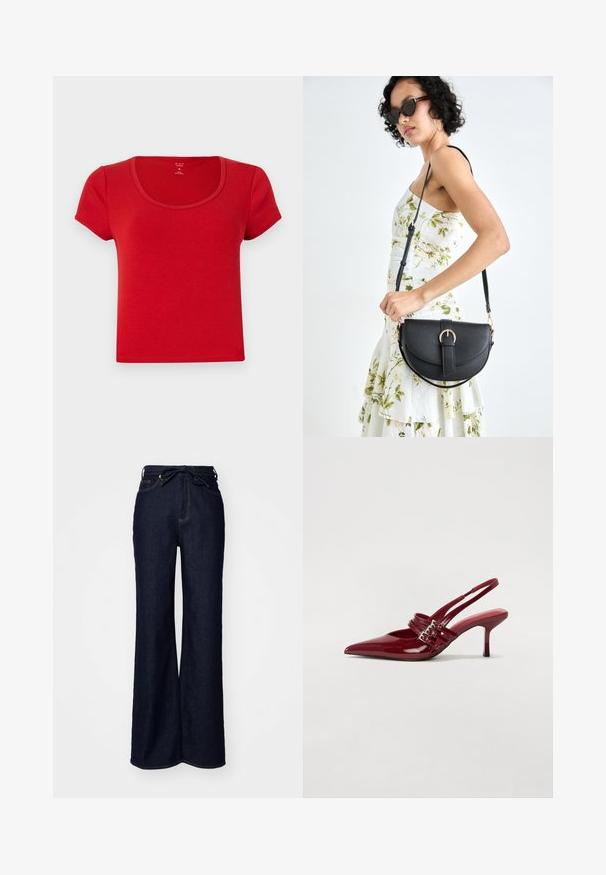 Crvena majica s kratkim rukavima napravljena od mekanog materijala, s okruglim izrezom u obliku zagrade i prilagođenim oblikom s čistim rubovima.; Tamno plave široke traperice s visokim strukom, prednjim džepovima i vezanjem na struku.; Crvene patent kožne sandale s upetačom, oštrim vrhom, dva remena s kopčama i tankim, srednje visokim štiklama. Glatka tekstura.; Crna kožna torba s lukovitim oblikom, odvojivim remenom i zlatnim detaljima. Torba ima preklop s kopčom.