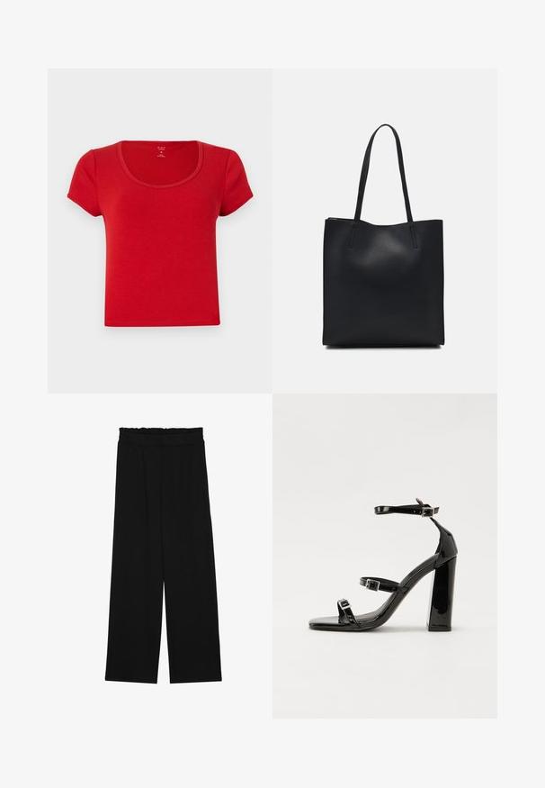 Rdeča kratkotrajna majica s kratkimi rokavi, narejena iz mehkega materiala, z okroglim izrezom in prilegajočo obliko ter čistimi robovi.; Črne široke hlače s nabranim pasom, ki imajo dva stranska žepa in so izdelane iz gladkega, lahkega blaga. Brez vidnih vzorcev ali kovinskega okova.; Črne lakirane sandale s peto, kvadratnim prstom, trakovi okrog gležnja in srebrnimi zaponkami. Opremljene so s stabilno Debelo peto.; Črna usnjena torba s svilnato teksturo, pravokotne oblike in dvema dolgima ročajema. Brez vidnih metalnih delov ali okrasnih elementov.