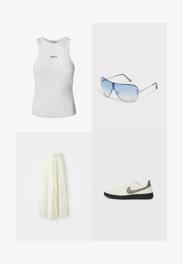 Valge sooniline tank top ümarate kaelust ja ilma varrukateta disainiga. Esiküljel on väike must "Pepe Jeans" logo. Pehme tekstuur.; Kergelt kollasel kangast volditud midi seelik, millel on elastne vöökoht koos nööriga, sile tekstuur ja vertikaalsed triibud lisadetailideks.; Nike Sportswear FIELD GENERAL - Tossud - off-white/black; Aviatori prillid, millel on gradient sinine objektiiv, hõbedane metallraam ja dekoratiivsed staaraktsendid objektiivil. Sujuv ja stiilne disain.