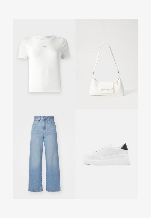 T-shirt bianca a maniche corte in tessuto a costine con scollo rotondo e piccolo logo "GAP" ricamato al centro. Texture di tessuto morbido.; Jeans a vita alta blu chiaro con gamba larga, chiusura frontale con bottone e zip, tasche anteriori e posteriori, su uno sfondo bianco.; Sneakers platform bianchi realizzati in materiale sintetico liscio, con punta arrotondata, design con lacci e suola in gomma texture. Accento nero nel tallone.; Borsa sintetica bianca a forma triangolare, con patta anteriore piatta e dettaglio a fiocco, tracolla regolabile, texture liscia e design minimalista.