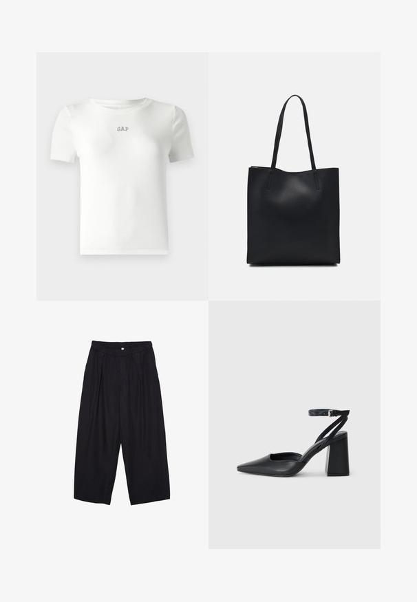 Vit kortärmad ribbad t-shirt med rund halsringning och liten broderad "GAP"-logotyp i mitten. Mjuk tygkvalitet.; Svarta polyester culottbyxor med elastisk midja, två framfickor och en lös silhuett. Inga synliga mönster eller hårdvarudetaljer.; Svart läderpumps med spetsig tå, ankelrem och kraftig klack. Slät textur, stilren design och minimalistisk estetik.; Svart lädertoffelväska med slät textur, rektangulär form och två långa handtag. Ingen synlig hårdvara eller dekorationer.