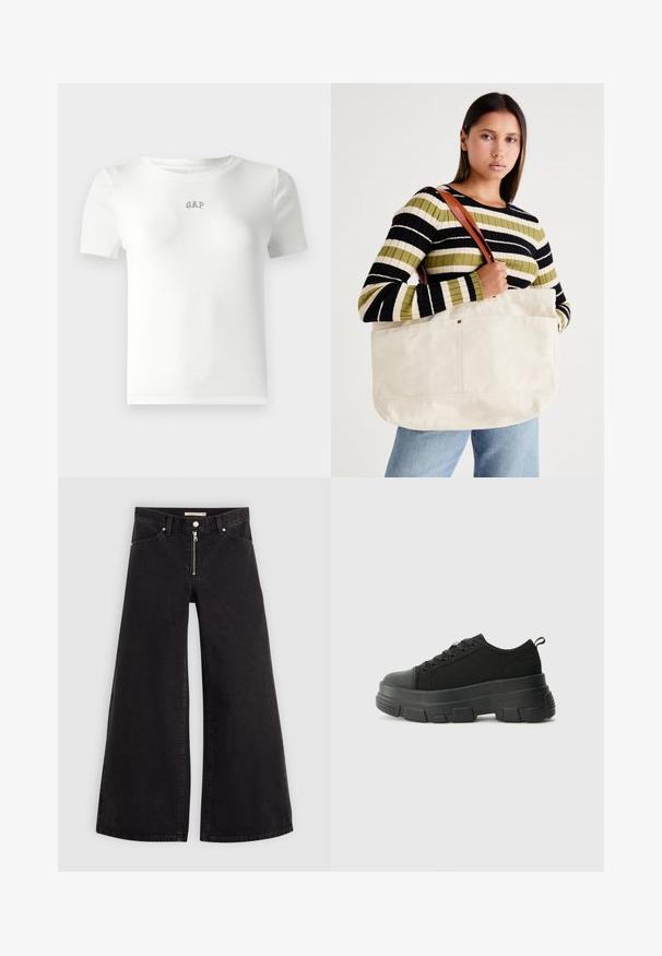 T-shirt branca de manga curta com textura canelada, decote redondo e pequeno logótipo "GAP" bordado ao centro. Tecido suave.; Calças de ganga de perna larga em denim preto com fecho éclair à frente, design de cinco bolsos e detalhes de costura subtil. Textura suave e estilo casual.; Sneakers pretos com sola de borracha robusta, parte superior de tecido texturizado, bico redondo e design de atacadores. Apresenta ilhós reforçados e uma alça na parte posterior.; Grande bolsa de lona bege com alças de couro castanho, apresentando um design minimalista e costuras visíveis como destaque.