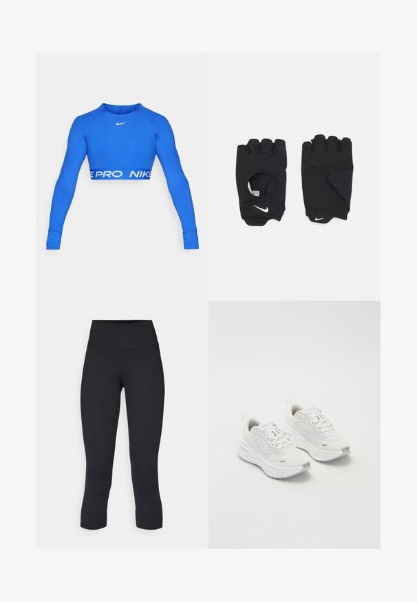 Modrý cropped top s dlouhým rukávem vyrobený z elastického materiálu. Na prsou má bílé logo Nike a na spodním lemu výrazný pás "NIKE PRO". Přiléhavý střih.; Černé zkrácené legíny vyrobené z pružné látky, s vysokým pasem a hladkou texturou, bez viditelných vzorů nebo kovových prvků.; Bílé sportovní boty s texturovaným síťovým svrškem, polstrovanou podešví a jemnými šedými akcenty. Obsahují branding a smyčku na patě pro snadné obouvání.; Černé bezprsté rukavice vyrobené z elastického materiálu, s otevřenou dlaní, protiskluzovými detaily a bílým logem Nike.