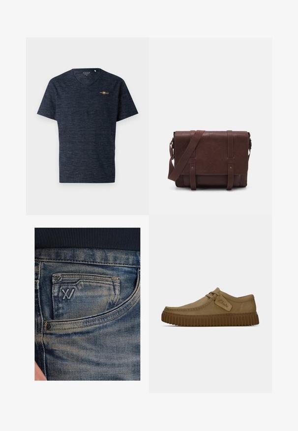 Herrarnas kortärmade V-ringad T-shirt i strukturerad marinblått tyg, med en liten guldlogotyp och melerat mönster.; Blå denimjeans med en blekt textur, utrustade med en myntficka och en svart logotypdetalj på framsidan. Midjebandet är av mörk marinblå ribbad tyg.; Ljust bruna mockaskor med rund tå, sydda detaljer och en ribbad brun gummisula. Har en sidetikett med "Clarks"-logotyp.; Brun läder budväska med en platt framklaff, två remmar, gyllene detaljer och en justerbar axelrem.