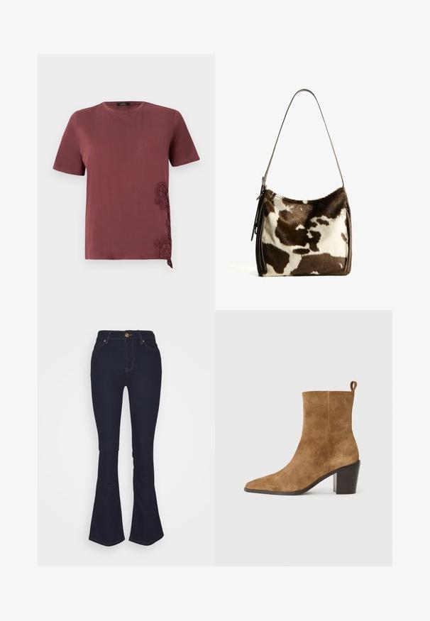 Bordeaux T-shirt gemaakt van zachte stof, met korte mouwen en intrigerende kanten details aan de zijkant, afgewerkt met een geknoopte accenten aan de onderkant.; Marks & Spencer Eva - Bootcut jeans - blue denim; Bruine suède enkelboot met een spitse neus en een stevige zwarte hak, gepresenteerd tegen een neutrale achtergrond.; Bruine en crèmekleurige koeienhuid schoudertas met een gladde leren band, ritssluiting en een zachte, tekstuursurface met een natuurlijk patroon.