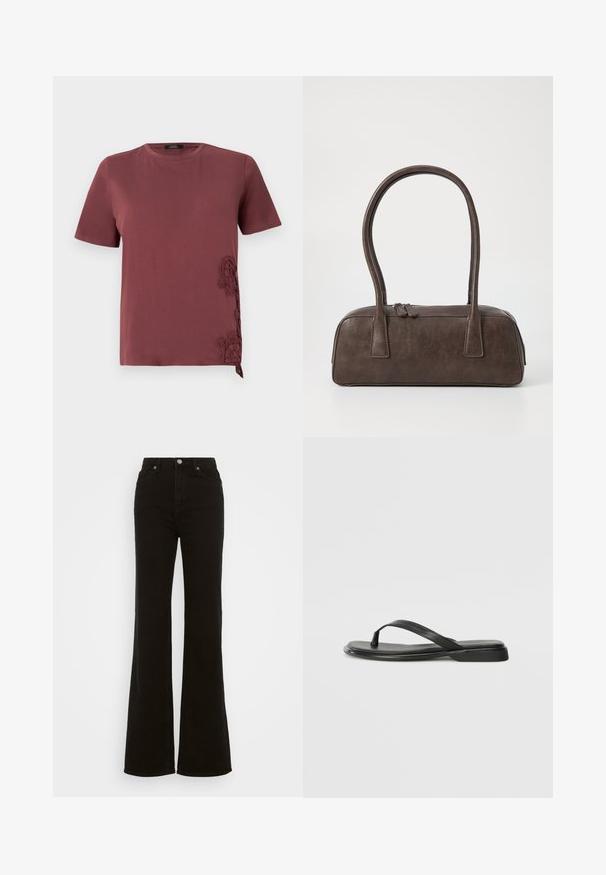 Maroon T-shirt made from soft fabric, featuring short sleeves and intricate lace detailing on the side, with a tied accent at the hem.; High-waisted black flared jeans made of denim, featuring a button closure, side pockets, and a smooth texture.; Black flip-flop made of smooth leather, featuring a thin strap design and a flat sole with a minimal profile. No notable patterns or accents.; Brown leather handbag with two sturdy handles, rectangular shape, smooth texture, and zip closure. Minimalist design with no visible patterns.