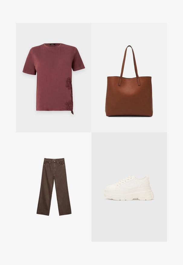 Bordowa koszulka z krótkim rękawem wykonana z miękkiego materiału, z misternymi koronkowymi detalami po bokach oraz związanym akcentem na dolnym brzegu.; Szerokie brązowe dżinsy wykonane z denimu, z wysokim stanem, przednimi kieszeniami i klasycznym zapięciem na guzik. Gładka faktura z subtelnym przeszyciem.; Białe płócienne trampki z grubą podeszwą, okrągłym noskiem i pięcioma oczkami na sznurowadła. Tylny uchwyt ułatwiający zakładanie. Gładka faktura, minimalistyczny design.; Brązowa skórzana torba tote o gładkiej fakturze, z otwartym wierzchem i dwoma ramiączkami. Charakteryzuje się minimalnym przeszyciem i brakiem widocznych elementów metalowych.