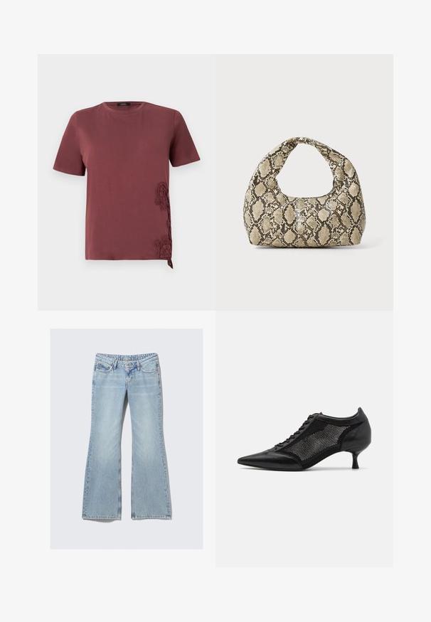Bordeauxrot T-Shirt aus weichem Stoff, mit kurzen Ärmeln und filigranen Spitzenverzierungen an der Seite, sowie einem gebundenen Akzent am Saum.; Weekday NOVA - Jeans Slim Fit - lip blue; Schwarzer spitzer Schuh mit einem Mesh-Panel-Design, ausgestattet mit einem niedrigen Absatz und einer Schnürung vorne. Hergestellt aus einer Kombination von Leder und Mesh-Material.; Schlangenmuster-Tasche mit einem gebogenen Griff. Hergestellt aus strukturierten, beige- und braunfarbenen Materialien, die ein markantes Diamantmuster aufweisen.