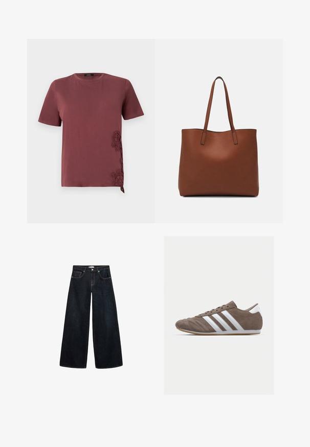 Bordeauxrot T-Shirt aus weichem Stoff, mit kurzen Ärmeln und filigranen Spitzenverzierungen an der Seite, sowie einem gebundenen Akzent am Saum.; Weite, dunkelblaue Jeans mit hoch sitzendem Bund, kontrastierenden Nähten, Vorderentaschen und einem minimalistischen Design.; Braune Wildleder-Sportschuhe mit weißen Streifen, runder Zehenform, Schnürdesign und Gummisohle. Strukturiertes Obermaterial mit Nahtdetails.; Braune Leder-Tote mit glatter Textur, offenem Oberteil und zwei Schulterriemen. Verfügt über minimale Nähte und keine sichtbaren Beschläge.
