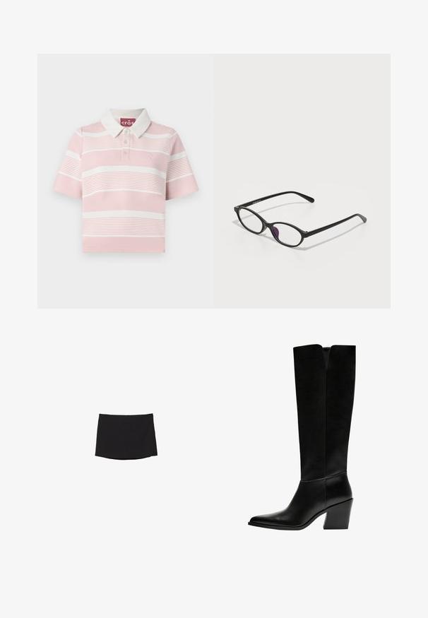 Poloko s krátkym rukávom v svetloružovej farbe so bielymi pruhmi, s klasickým golierom a gombíkovou légou. Štruktúrovaná látka s detailom loga.; Čierna minisukňa vyrobená z hladkého, elastického materiálu; má rovný strih s nenápadným lemom a bez viditeľných zapínaní alebo vzorov.; Čierne vysoké čižmy vyrobené z hladkej kože, s ostrou špičkou, blokovým podpätkom a V-čkovým výrezom na vrchu.; Čierne plastové okuliare oválneho tvaru, s priehľadnými šošovkami a jedným fialovým akcentom na ľavej šošovke. Elegantný, minimalistický dizajn.