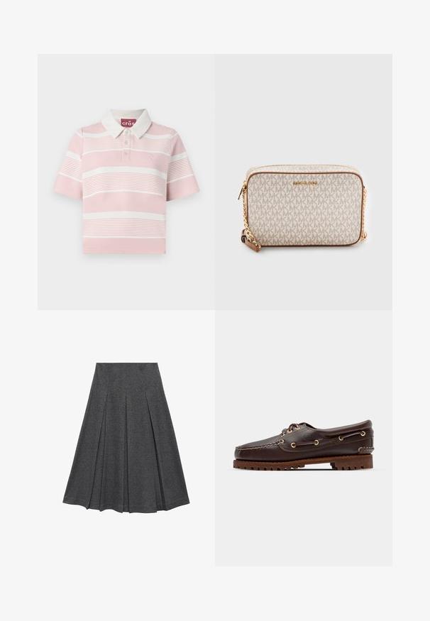 Poloshirt met korte mouwen in lichtroze met witte strepen, met een klassieke kraag en knoopsluiting. Textuur met logodetail.; Grijze geplooide rok met een uitlopende vorm, gemaakt van een zachte stof. Kenmerkt zich door verticale plooien en een gladde tailleband voor een strakke look.; Bruine leren bootsschoen met gouden oogjes, ronde veters en een gestructureerde bruine rubberen zool. Kenmerkt zich door gestikte details en een verhoogd logo.; Beige crossbody tas gemaakt van canvas met een herhalend MK-logo patroon, gouden hardware en een kettinghengsel. Heeft een ritsluiting en leren accenten.