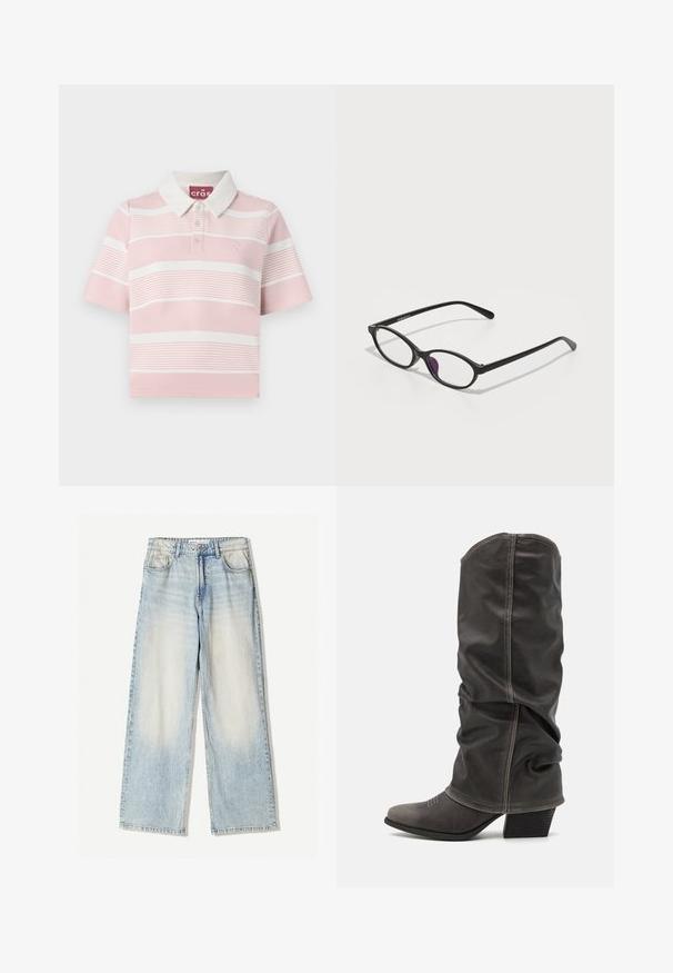 Rövid ujjú pólóing világos rózsaszín és fehér csíkokkal, klasszikus gallérral és gombos lécezéssel. Texturált anyag, logós részlettel.; Világoskék farmernadrág széles szárakkal, öt zsebbel, enyhe kopással és látható varrásokkal az illesztéseknél.; Szürke bőr, térdig érő csizmák, amelyek laza kialakításúak, hegyes orrúak és tornácos sarkúak. Figyelemre méltó varrási részlet az orr részén.; Fekete műanyag szemüveg ovális formával, átlátszó lencsékkel és egy lila akcentussal a bal lencsén. Stílusos, minimalista dizájn.