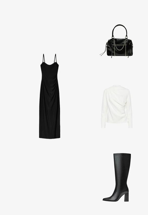 White long-sleeve top with a draped design and gathered texture on the side, featuring a round neckline and a smooth fabric finish.; Black midi dress with thin adjustable straps, featuring a draped design and smooth texture. No visible patterns or embellishments.; Black knee-high boot made of faux leather with a pointed toe, smooth texture, and a chunky block heel. Minimalist design with no visible accents.; Bershka WITH CHAIN - Handbag - black