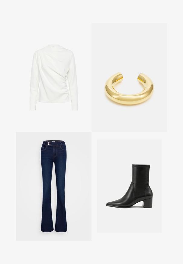 Witte langslovend top met een draperend ontwerp en gegatherde textuur aan de zijkant, met een ronde hals en een gladde stofafwerking.; Donkerblauwe uitlopende jeans met een hoge taille, twee voorzakken en twee knoopsluitingen. Gemaakt van denim met een zachte textuur.; Zwarte enkelboot van soepel leer, met een spitse neus, een blokhak en duidelijke verhoogde stiksels aan de bovenrand.; Gouden metalen cuff armband met een gladde, glanzende afwerking. Het gebogen ontwerp heeft open uiteinden met een naadloze, minimalistische vorm.