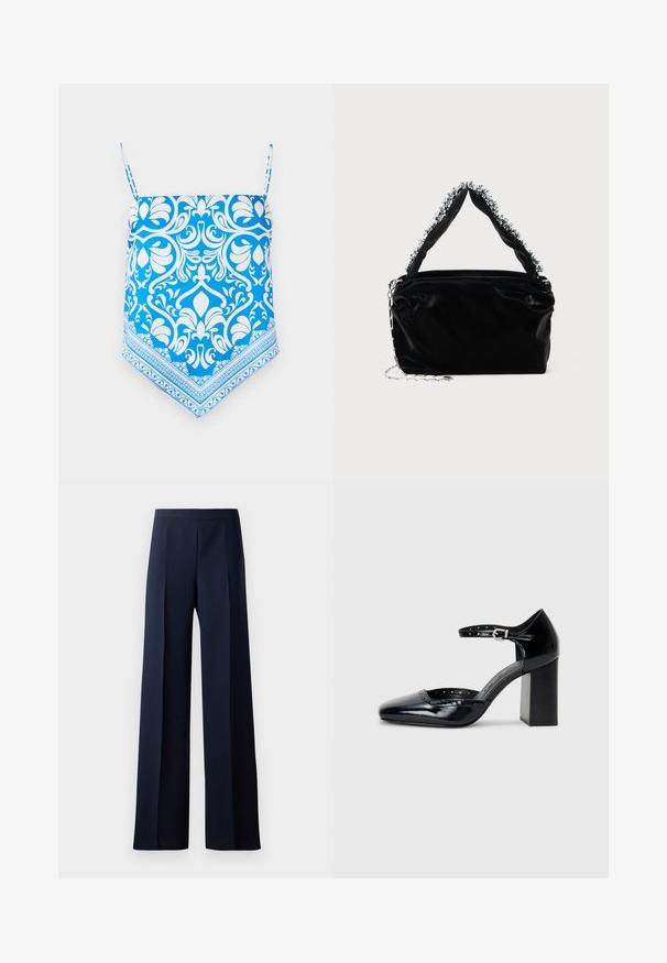Modrý top bez rukávů s květinovým vzorem v bílé barvě, s tenkými ramínky a trojúhelníkovým lemem s propracovanými detaily.; Kalhoty s širokými nohavicemi z tmavě námořnické látky, s hladkou strukturou, jemnými předními sklady a přiléhavým pasem pro štíhlý siluetu.; Černé lakované kožené vysoké podpatky se čtveratou špičkou, řemínkem kolem kotníku a masivním podpatkem. Obsahuje perforované detaily na okraji.; Černá kabelka z umělé kůže s texturovaným povrchem, zdobená perlovým stříbrným akcentem podél horního ucha a řetízkovým popruhem.