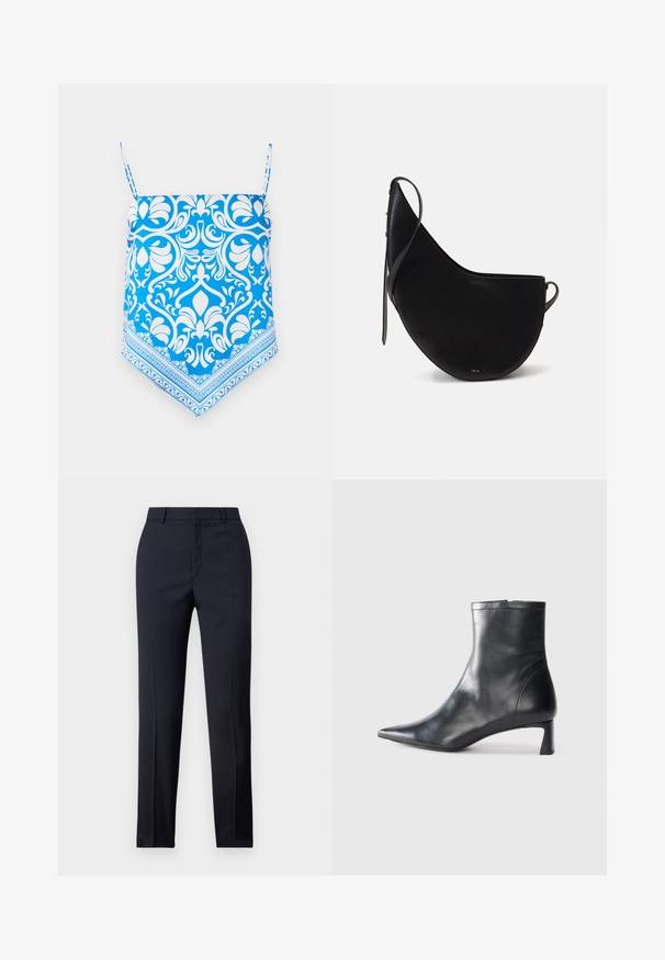 Blue patterned camisole top with white floral design, featuring thin shoulder straps and a triangular hem with intricate border detailing.; Navy tailored trousers with a straight cut, featuring a smooth texture, two front pockets, and a clean waistband.; Black leather ankle boot with a pointed toe and a sleek design. Features a low heel and a zipper closure at the back. Smooth texture.; Black leather handbag with a curved moon shape, featuring a slim strap and subtle gold branding on the front. Smooth texture with minimal hardware.