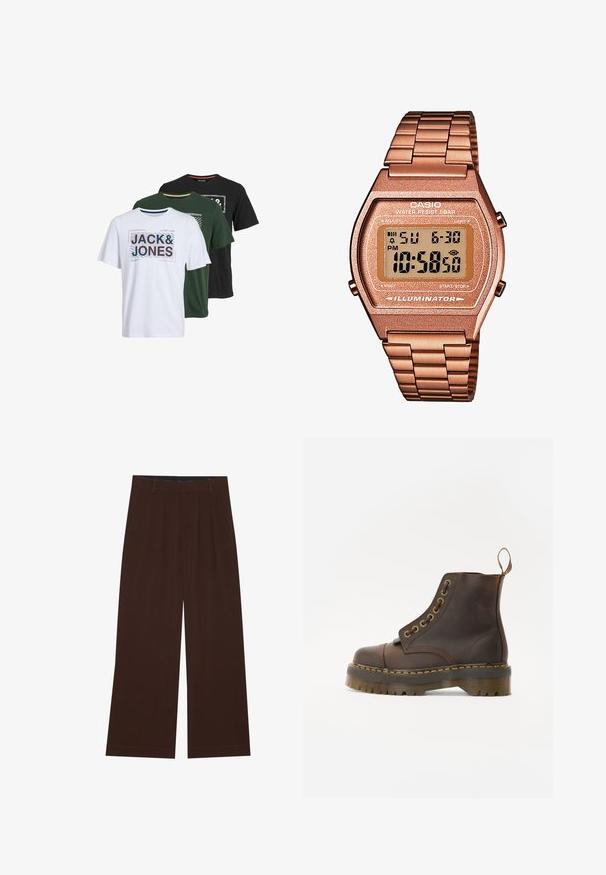 Trzy koszulki z krótkim rękawem w kolorach białym, zielonym i czarnym, z graficznymi nadrukami zawierającymi napis "JACK & JONES" w różnych stylach i kolorach.; Brązowe spodnie szerokie z plisami. Wykonane z gładkiego materiału, z dopasowanym pasem i kieszeniami bocznymi. Prosty zakład na dole.; Brązowy skórzany botek do kostki z okrągłym noskiem, kontrastującym żółtym przeszyciem, dekoracyjnymi metalowymi oczkami i żłobioną gumową podeszwą.; Cyfrowy zegarek Casio z różowo-złotą metalową bransoletą, prostokątną kopertą, podświetlanym wyświetlaczem i wodoodpornością, pokazujący czas i datę.