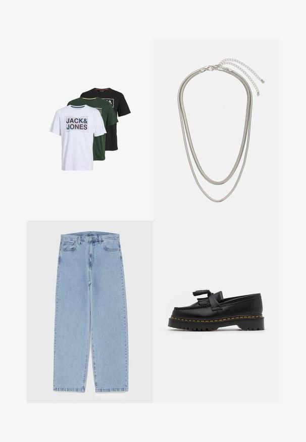Kolm lühikeste varrukatega t-särki valges, rohelises ja mustas värvitoonis, millel on graafilised trükised tekstiga "JACK & JONES" erinevates stiilides ja värvides.; Heled sinise denimi sirgete põlvede lõikega teksad, millel on keskmise kõrgusega vöökoht, viis taskut ning nööbid ja tõmblukk.; Mustmust musta loafer, millel on frantsiisi aktsent, paks must tald ja kollane õmblus servas. Tekstuuriga viimistlus.; Kolmekihiline hõbedane metallkaelakee, mis on valmistatud peentest, paindlikest kettidest kerge läikega, kinnitatud krabi sulguri ja reguleeritava ketiga.