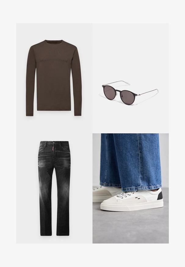 Armani Exchange Ilgarankovis viršutinės dalies drabužis - black olive; Juodi džinsai su tiesiu kirpimu. Spalvoti svyrantys plotai, šiek tiek sugadinti, klasikinis penkių kišenių dizainas ir mygtuko uždarymas.; Balti ir balti sportbačiai su lygaus odos paviršiumi, tekstūruotais akcentais ir masyviu baltu padu. Turi klasiką primenančią raištelių užsegimo sistemą.; Juodos apvalios saulės akinių su tamsiais lęšiais ir plonomis metalinėmis šakomis. Įtraukti skaidrūs šventyklų galai ir sidabriniai akcentai vyrio srityje. Minimalistinis dizainas.