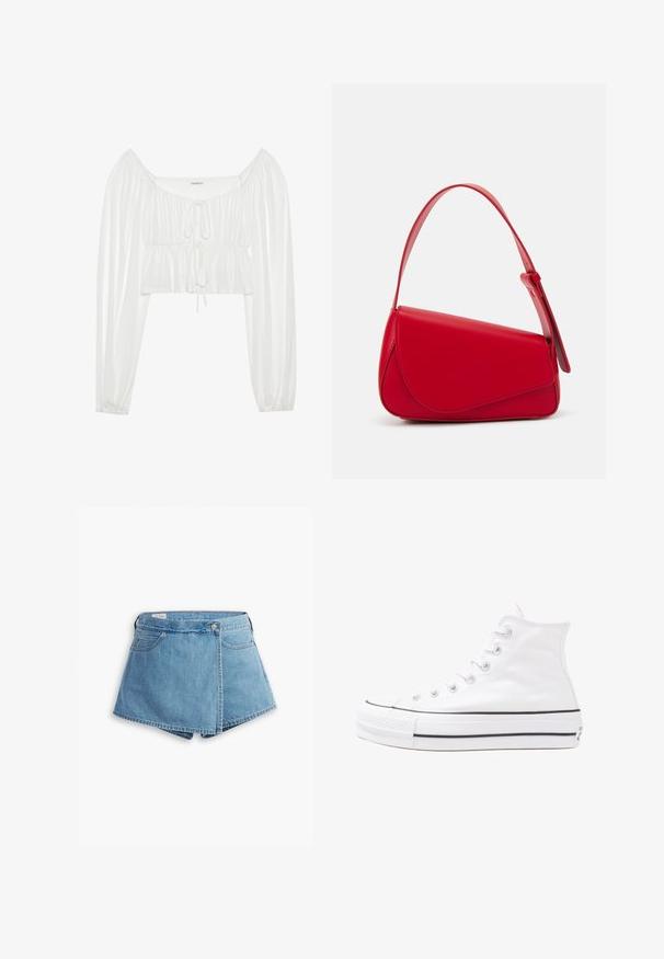 Weißes kurz geschnittenes Blusenoberteil mit langen, gepufften Ärmeln. Hat eine geraffte Vorderseite und eine Kordelzugdetail am Ausschnitt. Aus glattem, leichtem Material.; Hellblaue Jeansshorts mit Wickeldesign, Fronttaschen und Metallknopfverschluss. Glatte Textur mit genähten Kanten.; Weiße hochwertige Leinensneaker mit schwarzer Gummisohle, vorderem Gummizehenschutz und sechs Ösen für Schnürsenkel, die ein sauberes, minimalistisches Design aufweisen.; Rote Lederhandtasche mit einem kantigen, geometrischen Design. Verfügt über einen verstellbaren Schulterriemen und einen Klappenverschluss mit genähten Details.