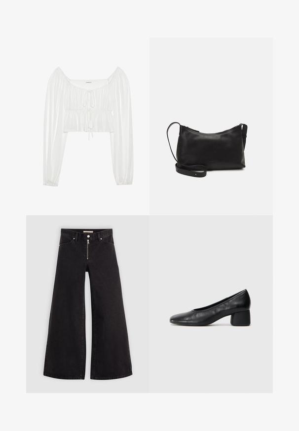 Bluză albă scurtă cu mâneci lungi și puffate. Prezintă un design frunțișat în față și detalii cu șnur la guler. Material ușor, neted.; Jeans cu picioare largi din denim negru, cu fermoar în față, design cu cinci buzunare și detalii subtile de cusătură. Textură netedă și stil casual.; Pantofii din piele neagră au un vârf rotund și un toc de tip bloc de înălțime medie. Au o textură netedă, cu detalii minime, având o deschidere elastică subtilă.; Geantă de umăr din piele neagră, cu o textură netedă, formă curbată, curea ajustabilă și închidere cu fermoar. Design minimalist, fără embellishments.