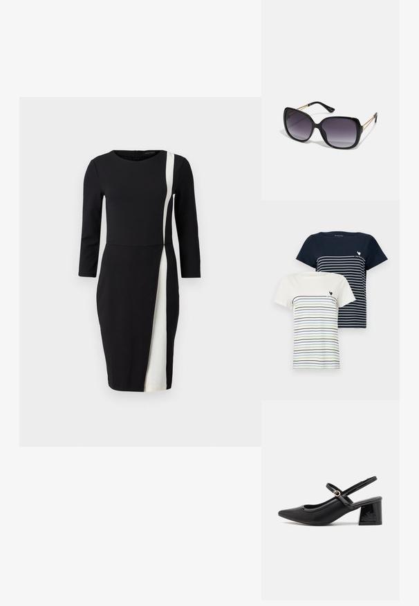 Két póló: az egyik sötétkék, fehér csíkokkal, a másik krémszínű, kék és zöld csíkokkal. Mindkettő rövid ujjú és kerek nyakkivágású.; Fekete ruha háromnegyedes ujjal, fehér átlós csíkkal. Simasága miatt kedvelt anyag, szűkített derék és térd felett végződő fazon.; Fekete lakk bőr, pántos magassarkú cipő, hegyes orral, lekerekített kivágással és tömbsarkal. Arany színű csat díszíti.; Fekete, oversize napszemüveg fokozatos árnyalatú lencsékkel, vastag kerettel és arany színű lánc díszítéssel a szárakon.; Fekete tote táska szintetikus anyagból, egyszerű téglalap formájú dizájnnal, arany négyzet díszítésekkel és dupla fogantyúkkal.