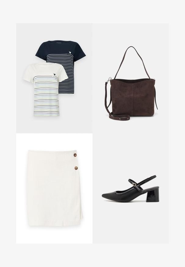 Deux t-shirts : un bleu marine avec des rayures blanches et un crème avec des rayures bleu et vert. Les deux ont des manches courtes et un col rond.; Jupe blanche en tissu texturé, dotée d'un design enveloppant et de deux boutons ronds sur le côté pour le maintien.; Escarpins slingback en cuir verni noir avec un embout pointu, un design à découpes arrondies et un talon carré. Présente un accent de boucle en ton doré.; Sac fourre-tout en suède brun avec une texture douce, présentant une seule bandoulière et une ouverture supérieure légèrement courbée. Aucun détail de matériel visible.