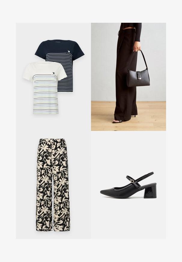 To t-skjorter: en marineblå med hvite striper og en kremfarget med blå og grønne striper. Begge har kort erm og rund hals.; Sorte vide bukser med et cremet blomster mønster. Fremstillet af letvægtsstof, med en glat tekstur og en høj talje.; Sorte lakk lær slingback hæler med spiss tå, et avrundet utskjæringsdesign og blokkheel. Har en gulltone spenne som detalj.; Svart håndveske med strukturert form, jevn tekstur og metallisk lås. Kombinert med brede svarte bukser og sandaler med åpen tå på tregulv.