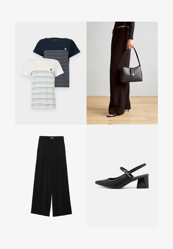 Dvé trička: jedno námořnické s bílými pruhy a druhé krémové s modrými a zelenými pruhy. Obě mají krátké rukávy a kulatý výstřih.; Černé kalhoty s širokými nohavicemi, vyrobené z texturované tkaniny, s elastickým pasem a odnímatelným páskem na úpravu velikosti.; Černé lakované lodičky s otevřenou patou, špičatou špičkou, zaobleným střihem a blokovým podpatkem. Zdobené akcentem v zlatém tónu.; Černá kabelka se strukturovaným tvarem, hladkým povrchem a kovovým uzávěrem. Kombinována s širokými černými kalhotami a sandály s otevřenou špičkou na dřevěné podlaze.