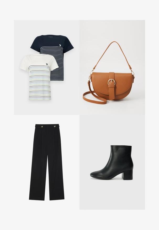 Dvije majice: jedna tamnoplava s bijelim prugama i jedna kremasta s plavim i zelenim prugama. Obje imaju kratke rukave i okrugli izrez.; Crne hlače širokih nogavica s visokim strukom, s dugmadi na pojasu i prednjim nabora.; Crne kožne čizme do članaka s uskim vrhom i debelim potplatom. Glatka tekstura s minimalnim detaljima i elegantan, prilagođen dizajn.; Smeđa kožna torba preko tijela s zakrivljenim oblikom, zlatnim metalnim detaljima i naglaskom na kopču. Ima odvojivu naramenicu.
