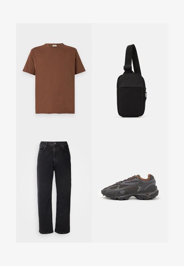 Brown cotton T-shirt with a round neck and short sleeves. The fabric has a smooth texture and a regular fit design.; Black denim jeans with a straight cut, five pockets, and contrasting stitching. Features a button closure and belt loops on the waistband.; Lacoste sneakers in dark gray with mesh and synthetic material, featuring a textured sole and brown accents on the collar and branding.; Black crossbody bag made of durable fabric, featuring a single adjustable strap, a zippered main compartment, and a front pocket.