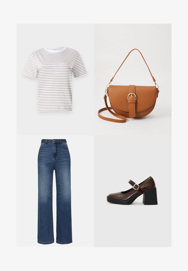 Balta trumpomis rankovėmis marškinėliai su horizontaliomis smėlio spalvos juostelėmis. Apvalaus kaklo dizainas, pagaminti iš minkštos medžiagos, turi laisvą siluetą ir standartinį apdailą.; Plati kojos mėlynos džinsinės kelnės su aukštu liemeniu, su dviem metaliniais sagtelėmis, švelniu blukimu ir standartiniu penkių kišenių dizainu.; Rudos patentinis odos Mary Jane bateliai su blokuotu kulnu, su sagtimi ir apvalia nosimi, gulintys ant tekstūruoto juodo pado.; Ruda odinė kryžminė rankinė, turinti kreivą formą, auksinius metalinius elementus ir sagtį. Yra nuimama petneša.