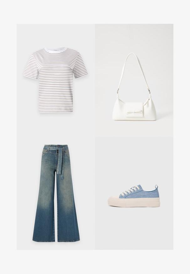 Tricou alb cu mânecă scurtă, decorat cu dungi orizontale bej. Design cu gât rotund, fabricat dintr-un material moale, având o croială lejeră și un tiv standard.; Pantaloni din denim largi, cu un gradient de la albastru deschis la albastru închis, talie înaltă, bucle pentru curea și o curea din același material. Finisaj texturat din denim.; Sneakers din pânză de culoare albastru deschis, cu vârf și talon din cauciuc crem, având șireturi albe și un maner pe călcâi.; Geantă sintetică albă, cu formă triangulară, capac frontal plat și detaliu cu fundă, curea ajustabilă, textură netedă și design minimalist.