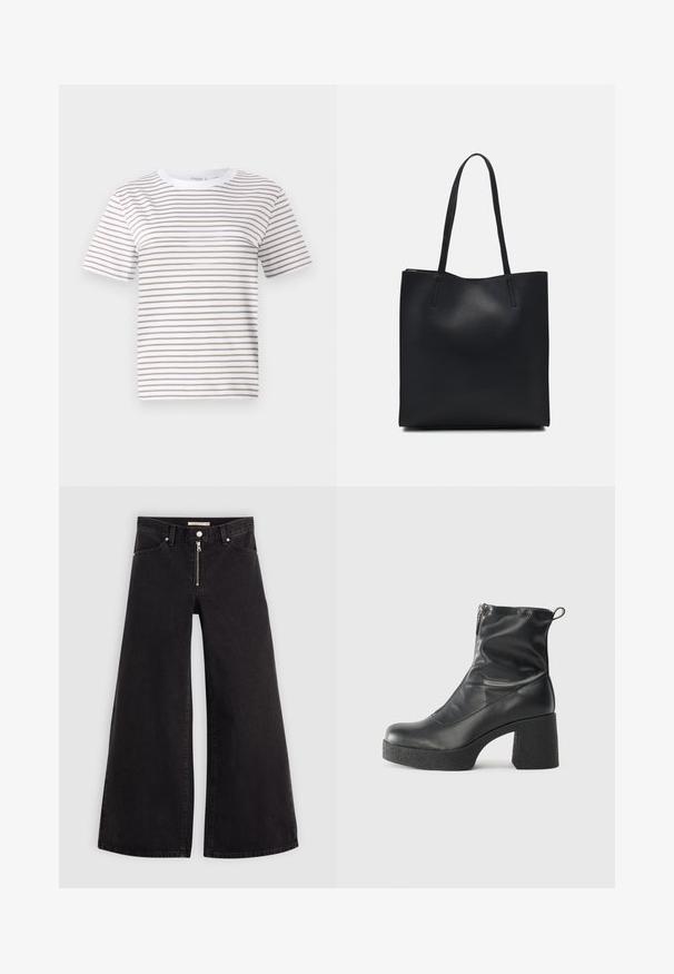 Bijela majica kratkih rukava s horizontalnim bež prugama. Dizajn s okruglim izrezom, izrađena od mekog materijala, s opuštenim krojem i standardnim rubom.; Široke traperice od crnog denima s prednjim zatvaračem, dizajnom s pet džepova i suptilnim detaljima šivanja. Glatka tekstura i ležeran stil.; Crne gležnjače od glatke kože, s bočnim zatvaračem, debelim teksturiranim potplatom i dizajnom s zaobljenim prstima.; Crna kožna torba za nošenje s glatkom teksturom, pravokutnim oblikom i dvije duge ručke. Nema vidljivih metalnih dijelova ili ukrasa.