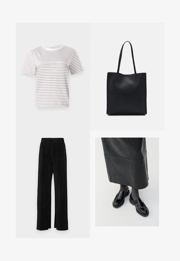 Biela krátkopaždová tričko s horizontálnymi béžovými prúžkami. Dizajn s okrúhlym výstrihom, vyrobené z jemného materiálu, s voľným strihom a štandardným lemom.; Čierne plisované nohavice s elastickým pásom. Majú široké nohavice a hladkú, textúrovanú látku s vertikálnymi pruhmi.; Čierne kožené poltopánky s hladkým povrchom, s dekoratívnym pásikom, okrúhlou špičkou a textúrovanou podrážkou. Nosené s dlhou čiernou koženou sukňou.; Čierna kožená taška na rameno s hladkým povrchom, obdĺžnikovým tvarom a dvoma dlhými uchami. Bez viditeľného kovania alebo ozdôb.