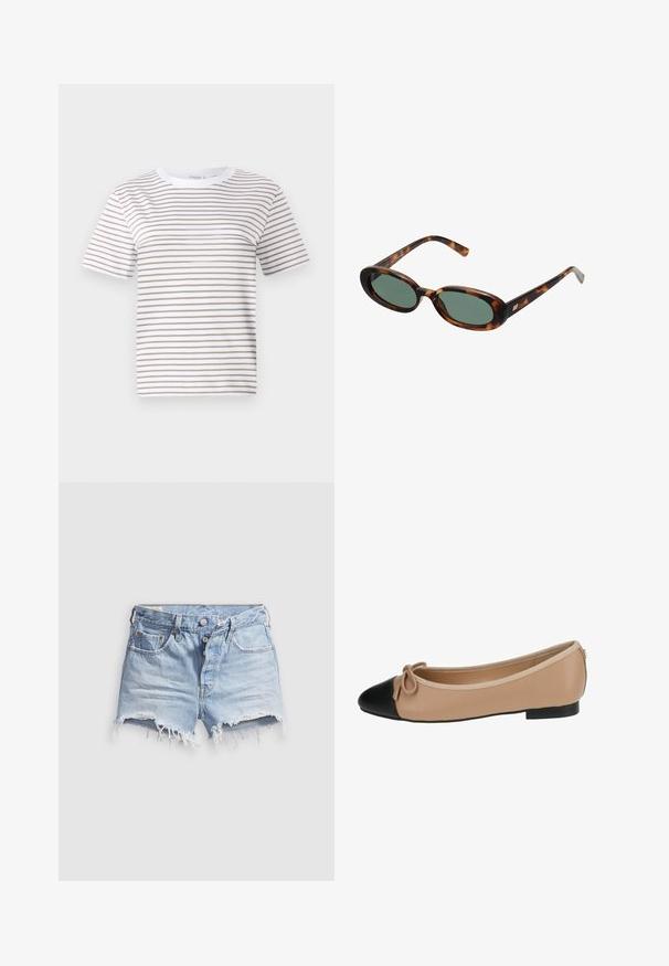 Bijela majica kratkih rukava s horizontalnim bež prugama. Dizajn s okruglim izrezom, izrađena od mekog materijala, s opuštenim krojem i standardnim rubom.; Svijetloplave traper kratke hlače s obrubljenim rubovima, pet džepova i zakopčavanjem na gumbe. Tekstura je mekana s blago istrošenim izgledom.; Baletna cipela u bež koži s crnim vrhom. Ima detalj s mašnom sprijeda i glatku teksturu. Nizak profil s gumenim potplatom.; Sunčane naočale u boji kornjače s ovalnim okvirom i zelenim staklima. Imaju tanke ručke s metalnim detaljem blizu šarki.
