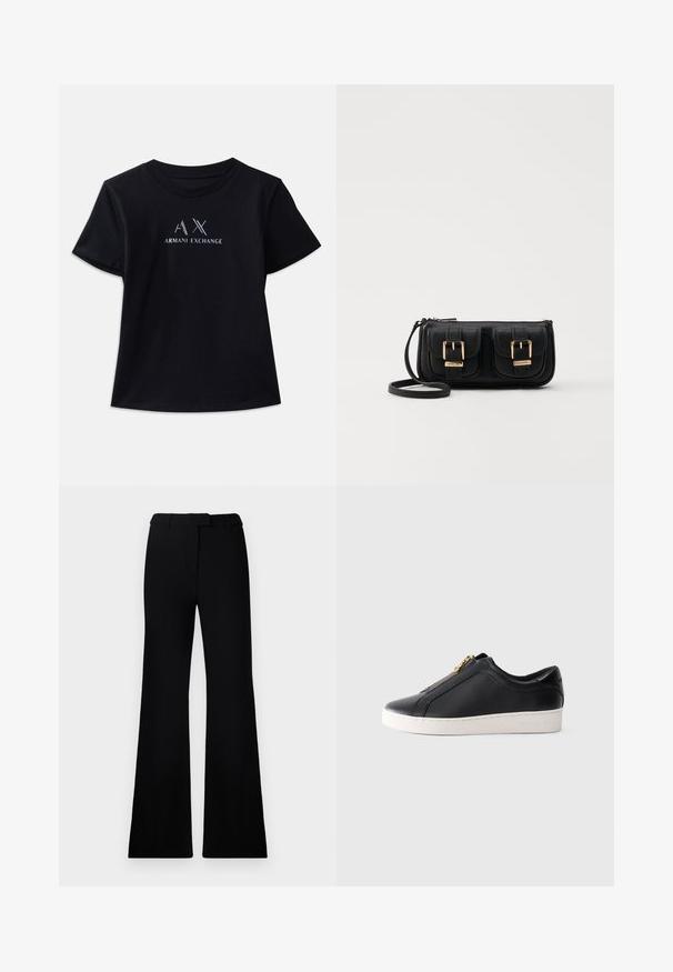 Musta lyhythihainen t-paita, jossa on pyöreä kaula-aukko. Sisältää "AX"-logon ja "ARMANI EXCHANGE" -tekstin kontrastivalkoisilla ja metallinhohtoisilla yksityiskohdilla. Pehmeä kangas.; Mustat levenevät housut, joissa on sileä pinta, muotoiltu vyötärö ja etutaskut, jotka on suunniteltu nykyaikaiseen ja sulavaan siluettiin.; Musta matalavartinen nahkasneaker valkoisella pohjalla ja kultaisella vetoketjulla, sivuprofiili, minimalistinen tyyli yksinkertaisella taustalla.; Musta nahkainen olkalaukku, jossa on kaksi etutaskua, kultaiset soljet, vetoketjukiinnitys ja kapea hihna. Teksturoidun pinnan ja kompaktin suorakaiteen muoto.