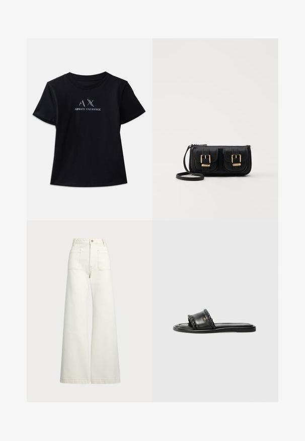 Juoda trumpa rankovėmis marškinėliai su apvaliu iškirpimu. Yra "AX" logotipas ir "ARMANI EXCHANGE" tekstas kontrastingomis baltomis ir metalinėmis akcentais. Minkšta medžiaga.; Plati kojinės džinsai of white denimo. Aukštas liemuo, su mygtuko uždarymu, dviem priekinėmis kišenėmis ir kontrastingai siuvinėjimu.; Juodos odinės šlepetės su pintais dirželių detalėmis, plokščiu padu ir elegantišku dizainu. Sklandži tekstūra ir minimalistiška forma.; Juodas odinis per petį nešiojamas krepšys su dviem priekiniais kišenėmis, auksiniais sagtimis, užtrauktuko uždarymu ir siauromis petnešomis. Textūruota paviršius ir kompaktiškas stačiakampis formatas.